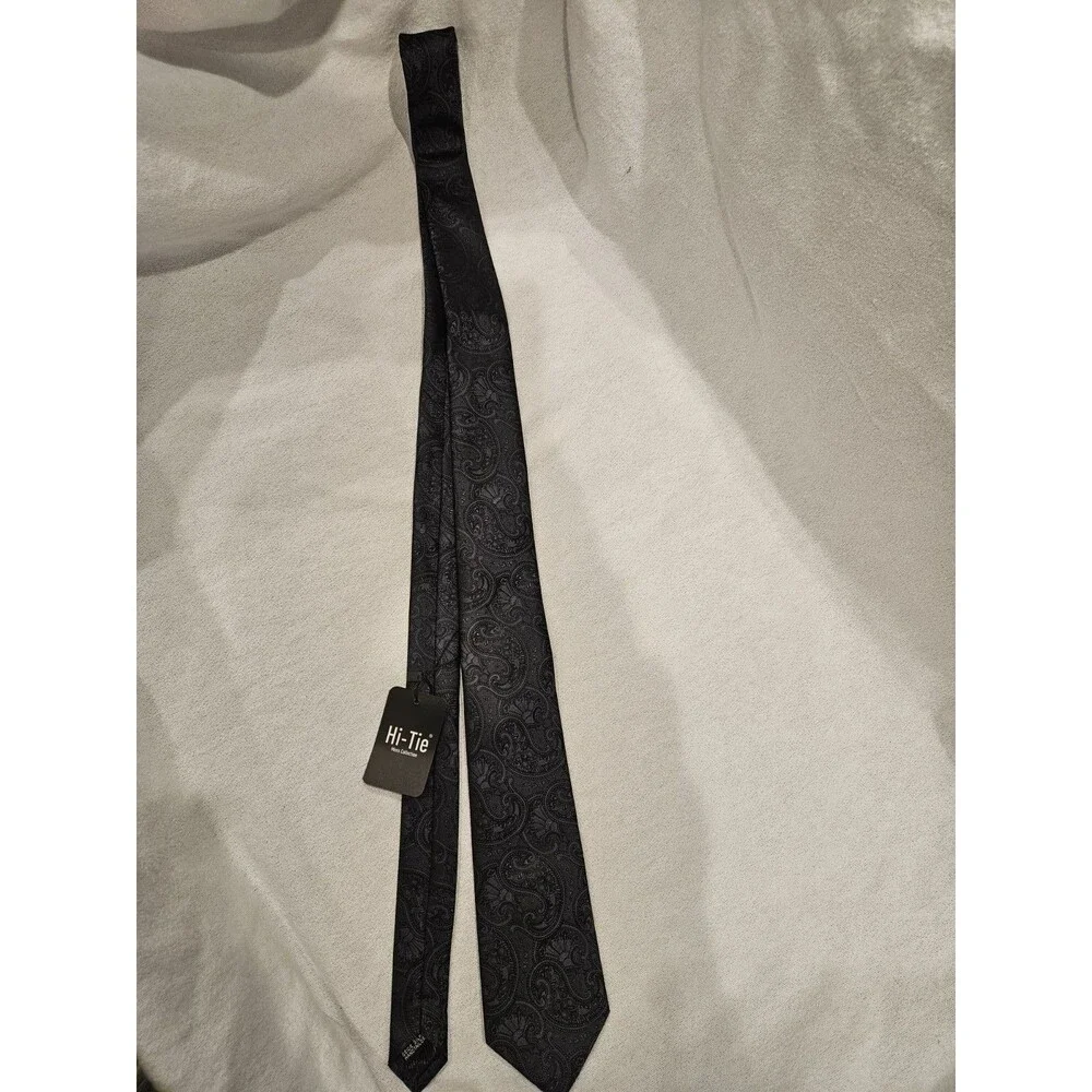 Hi Tie 100% Silk Black Gray Paisley Handmade Men's Woven Necktie Dress Tie